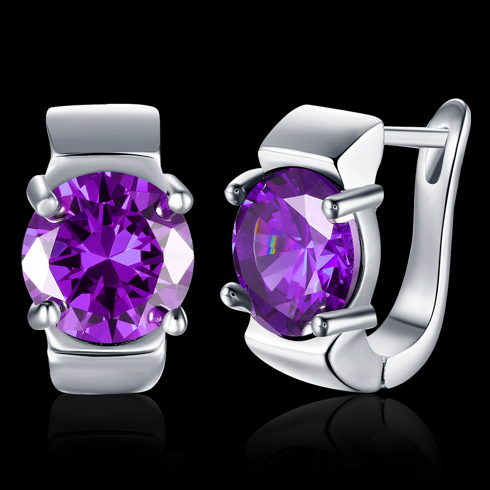 Elegant 1.00 Ct Amethyst Round Cut Huggie Earring in 18K White Gold Plated, showcasing a vibrant purple gemstone and luxurious design.