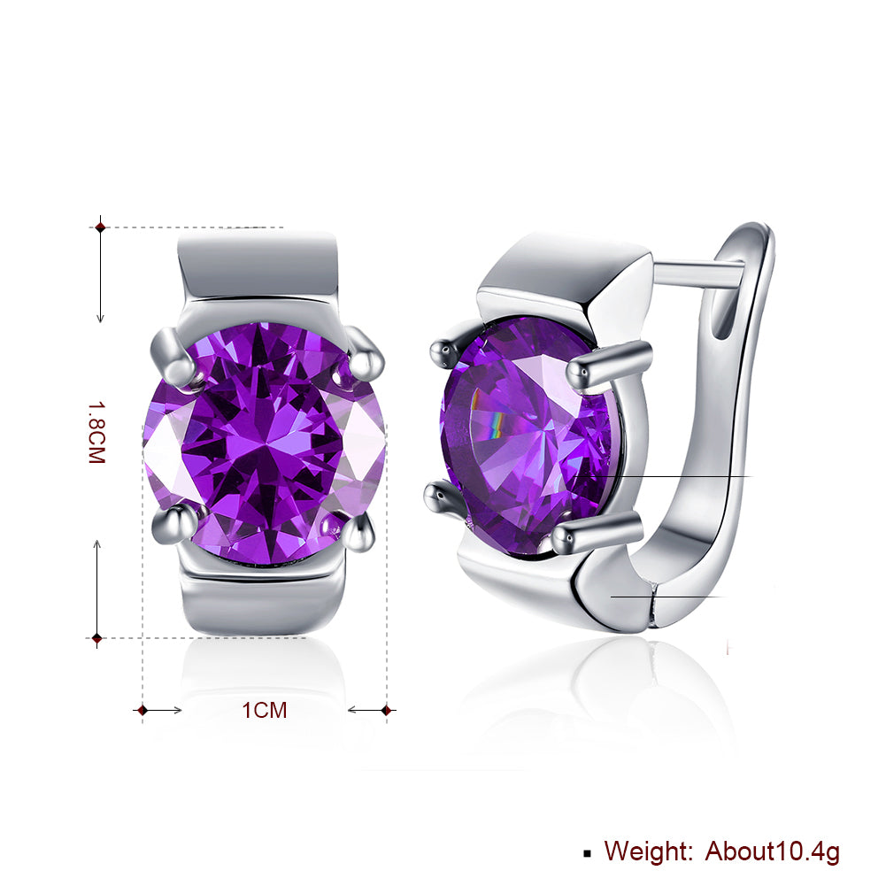 Elegant 1.00 Ct Amethyst Round Cut Huggie Earring in 18K White Gold Plated, showcasing a vibrant purple gemstone and luxurious design.