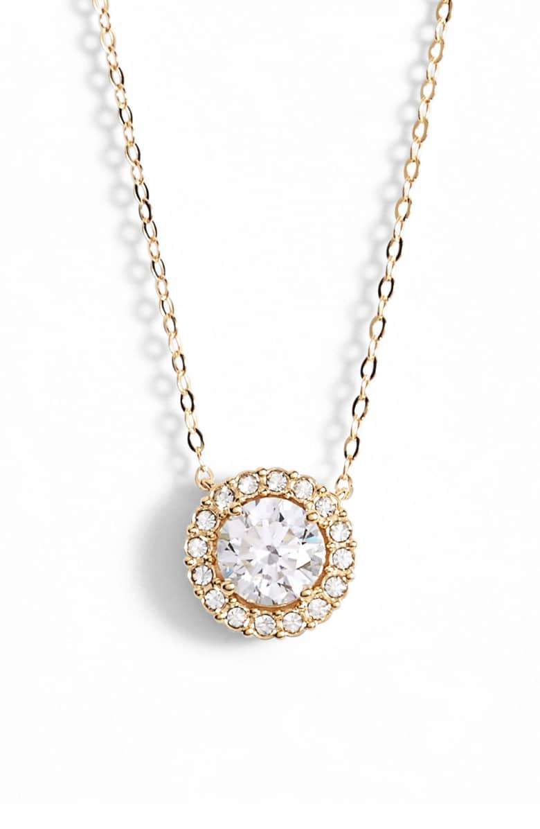 Elegant 1.00 CT Crystal Halo Disc Necklace in 18K gold plating, featuring a sparkling crystal centerpiece and adjustable chain.