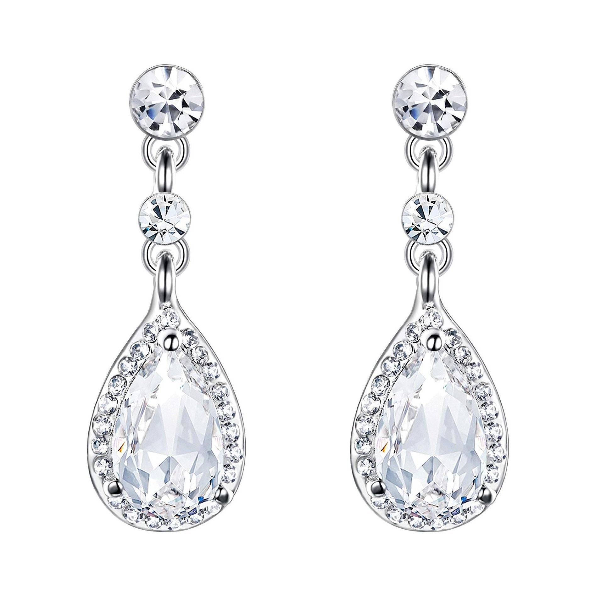 Elegant 1.00 Ct Pear Cut Teardrop Earrings in 18K white gold plating, embellished with sparkling Austrian crystals.