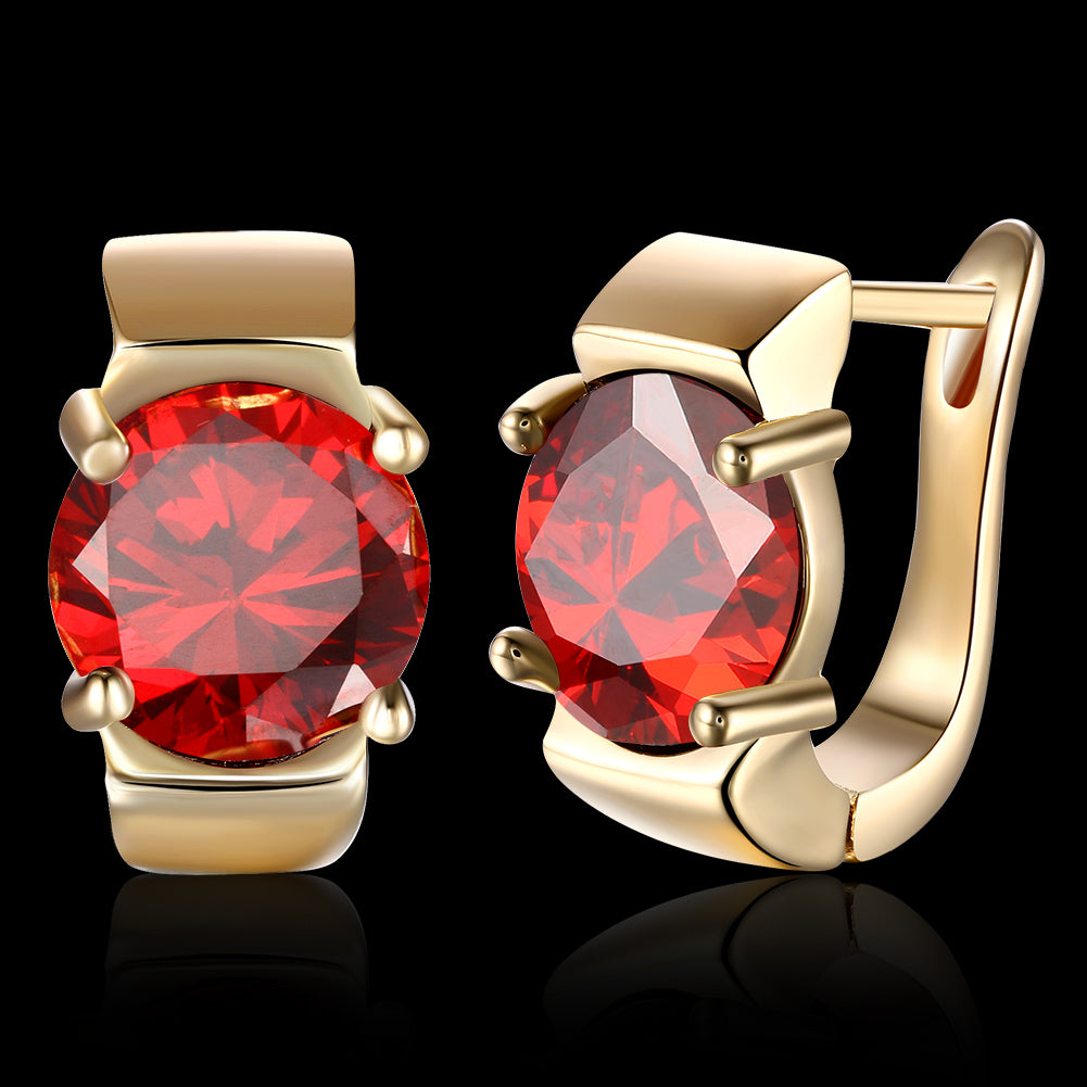 Elegant 1.00 Ct Ruby Round Cut Huggie Earring in 18K Gold Plated, showcasing its vibrant ruby and luxurious gold finish.