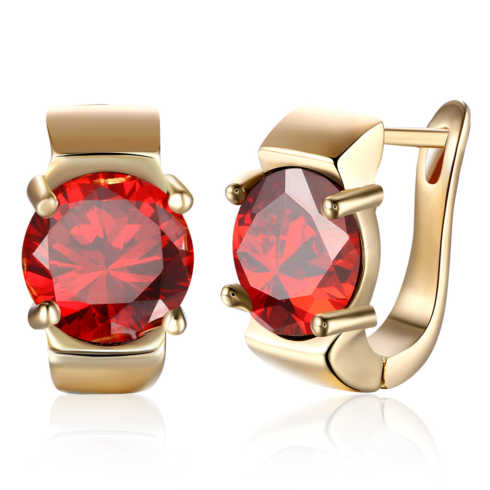 Elegant 1.00 Ct Ruby Round Cut Huggie Earring in 18K Gold Plated, showcasing its vibrant ruby and luxurious gold finish.