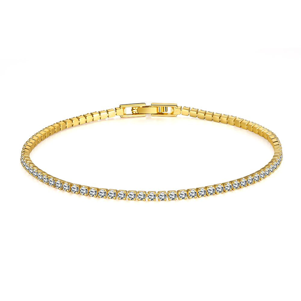 Elegant 10.00 CT White Topaz Gemstone Tennis Bracelet in 18K gold plating, showcasing classic round design and sparkling gemstones.