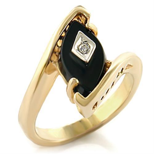 Gold and rhodium brass ring featuring a semi-precious jet onyx stone, elegantly designed for stylish wear.