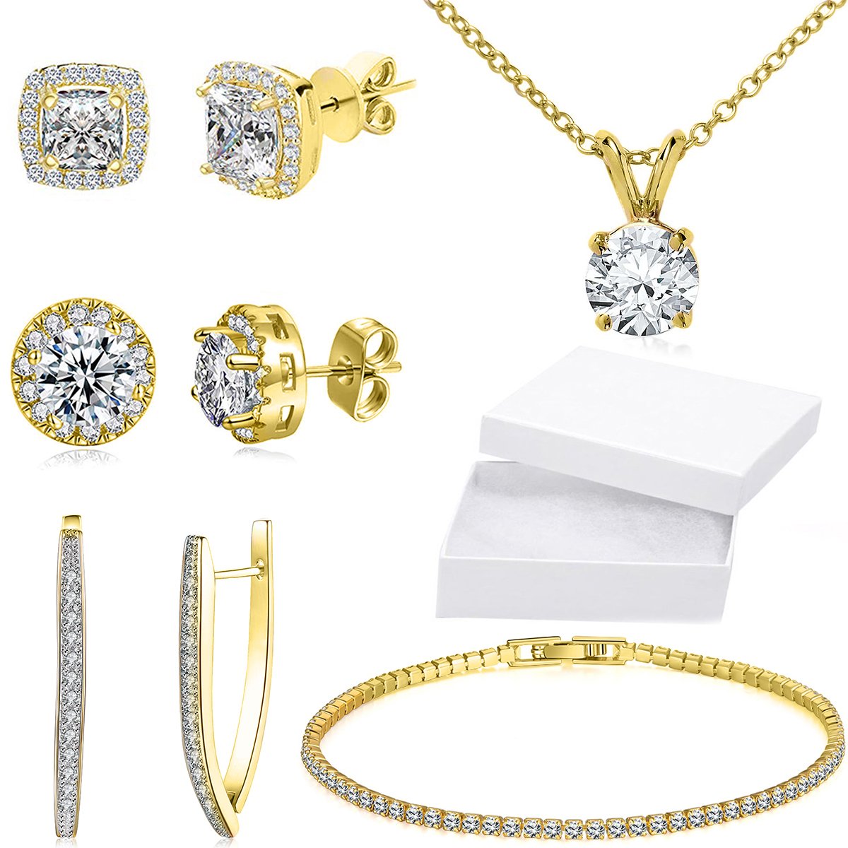 A luxurious 5-piece jewelry set featuring a 10Ct Tennis Bracelet, Halo Earrings, and a Necklace adorned with sparkling Austrian crystals, elegantly displayed in a gift box.