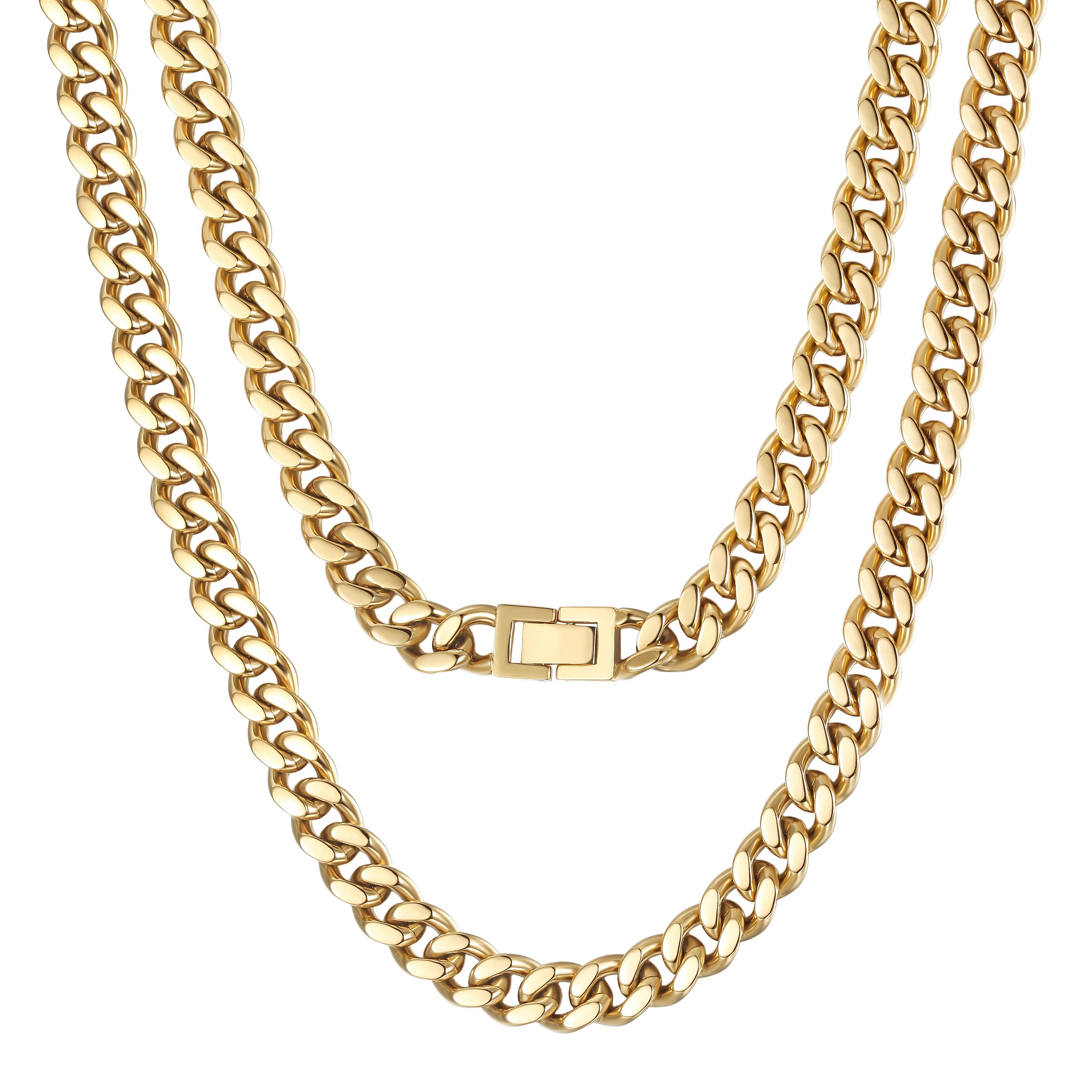 10mm Gold Hip Hop Cuban Chain Necklace made from stainless steel with gold plating, showcasing a bold and stylish design.