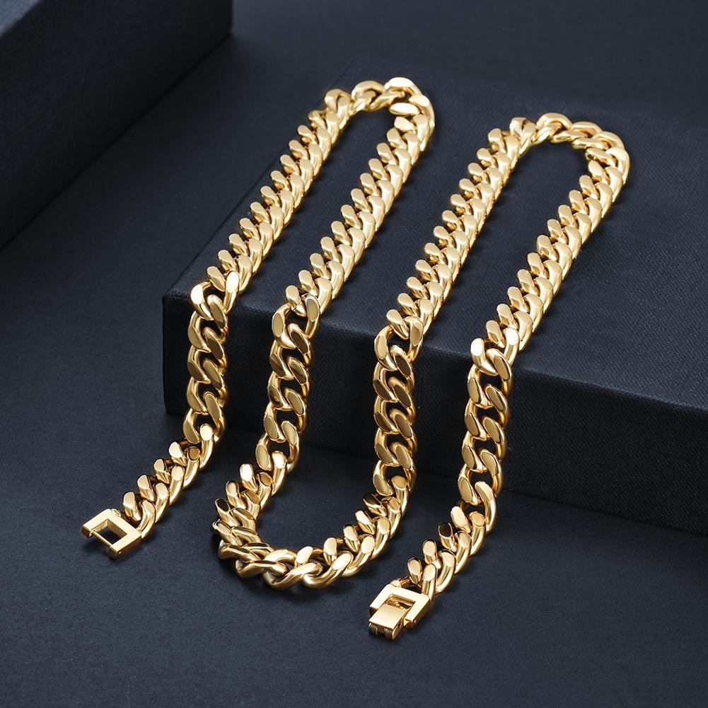 10mm Gold Hip Hop Cuban Chain Necklace made from stainless steel with gold plating, showcasing a bold and stylish design.