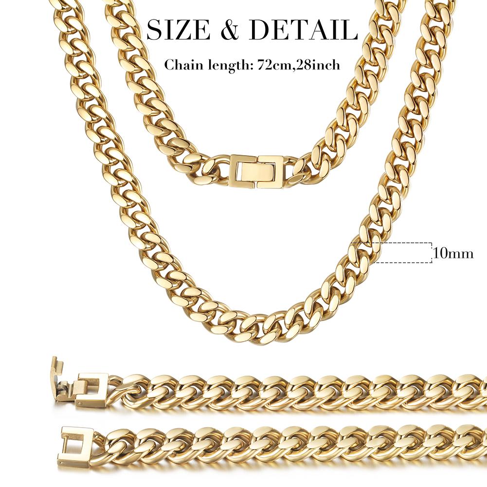 10mm Gold Hip Hop Cuban Chain Necklace made from stainless steel with gold plating, showcasing a bold and stylish design.