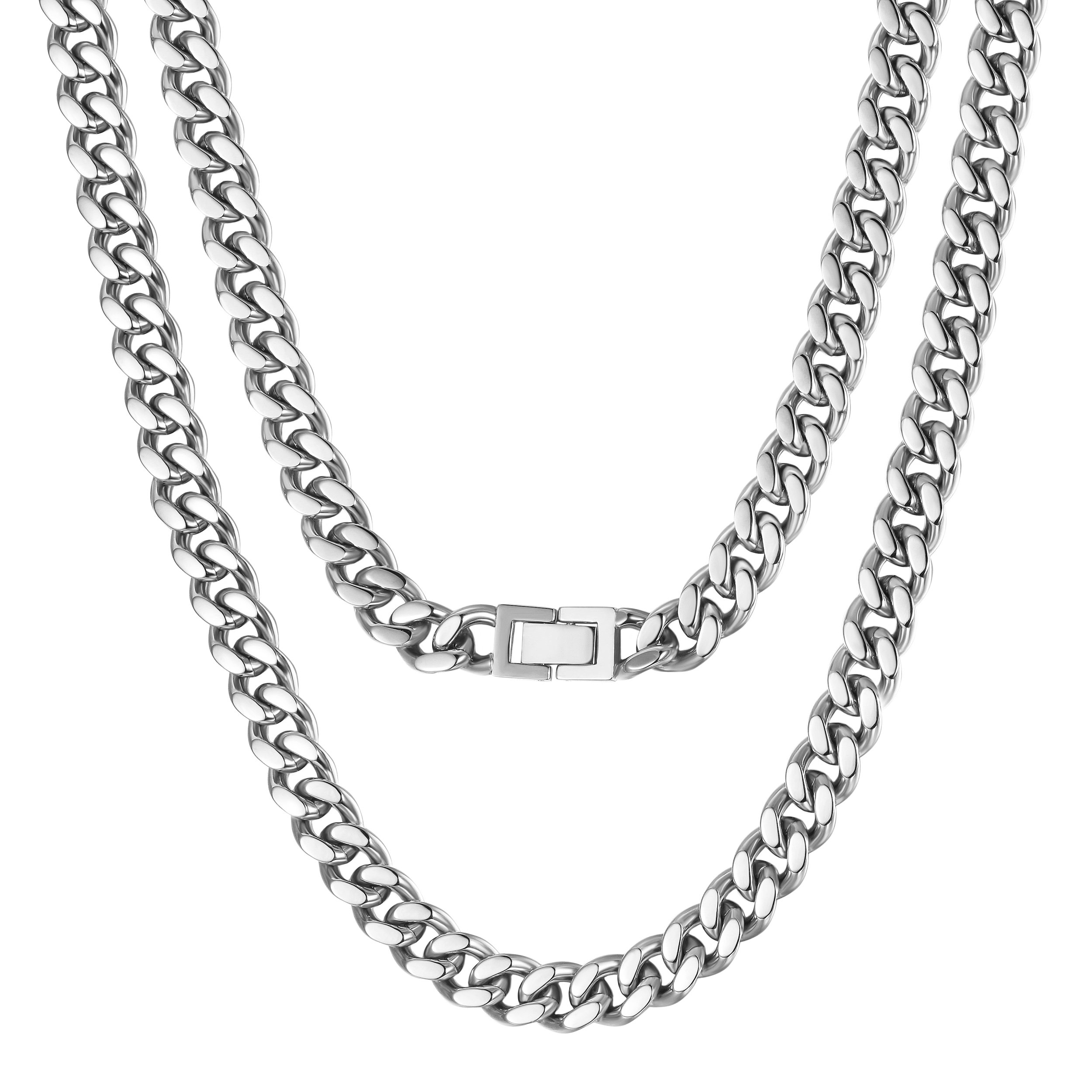 10mm Silver Hip Hop Cuban Chain Necklace made of stainless steel with gold plating, showcasing its sleek design and durability.