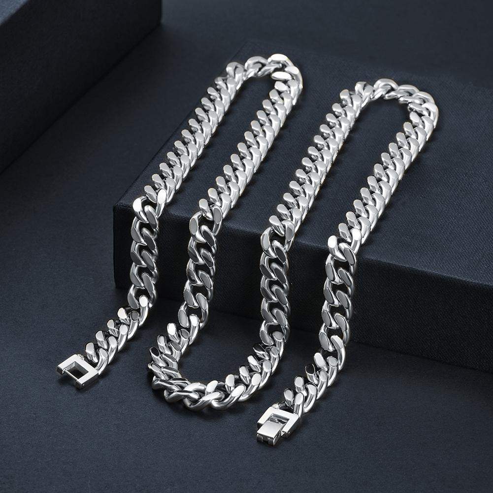 10mm Silver Hip Hop Cuban Chain Necklace made of stainless steel with gold plating, showcasing its sleek design and durability.