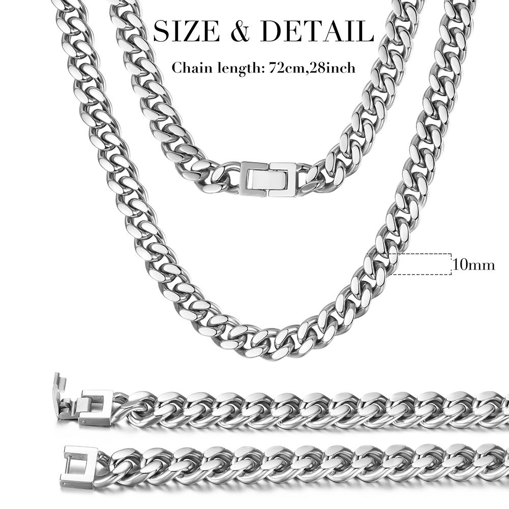 10mm Silver Hip Hop Cuban Chain Necklace made of stainless steel with gold plating, showcasing its sleek design and durability.