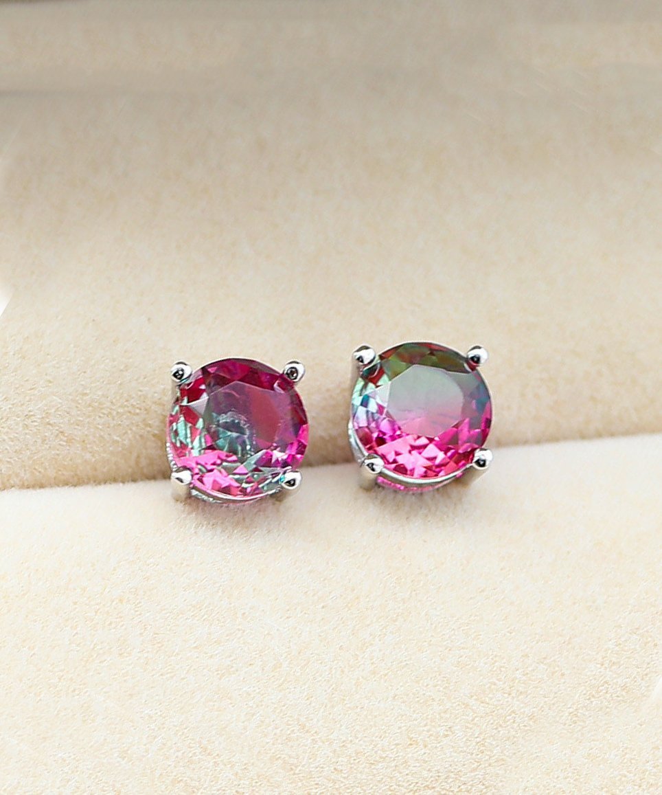 Elegant 1.25ct round cut rose and green stud earrings with sparkling crystals, showcasing a bi-color design.