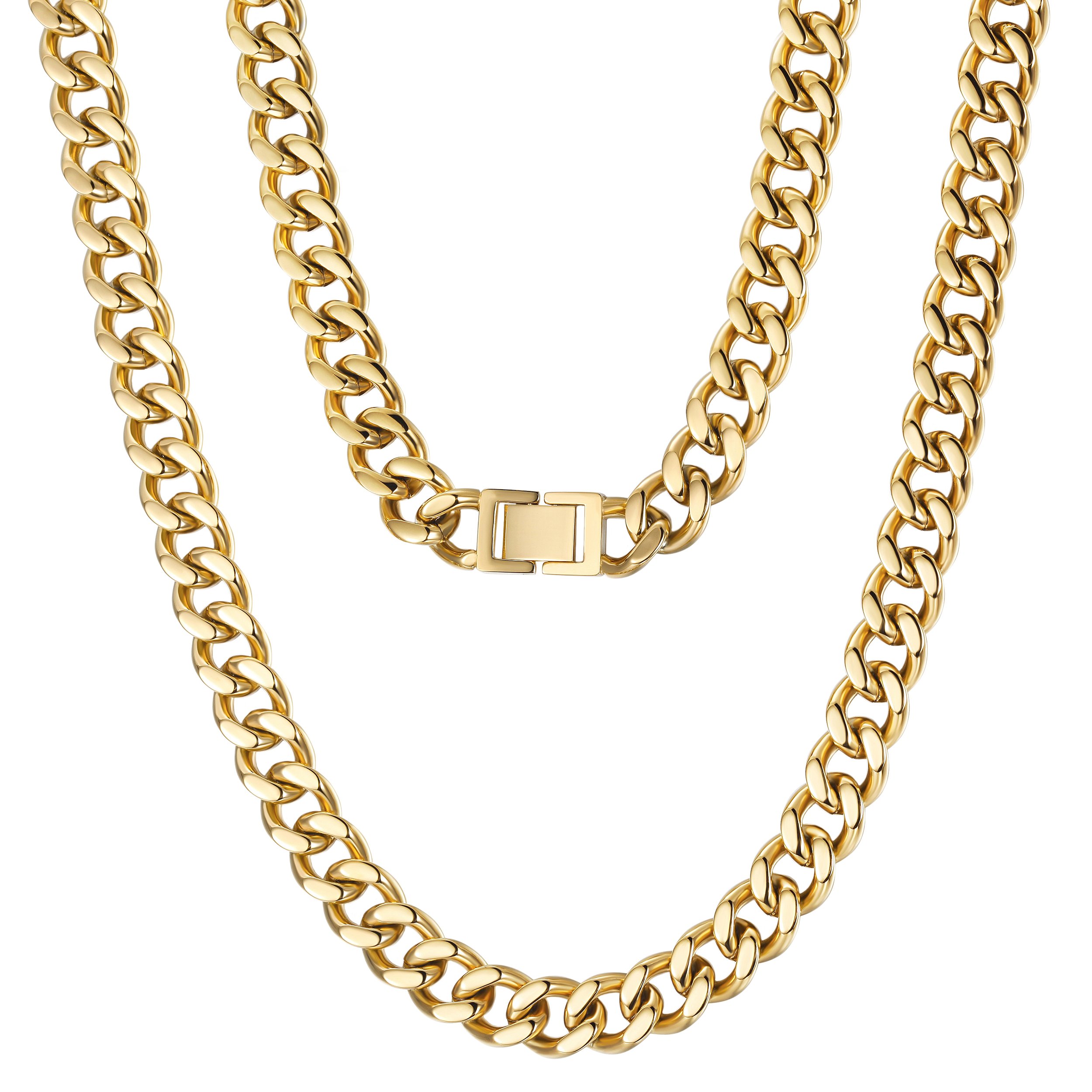 A 12mm Gold Hip Hop Cuban Chain Necklace made of 316L surgical stainless steel with 14K gold PVD plating, showcasing its shiny and durable design.