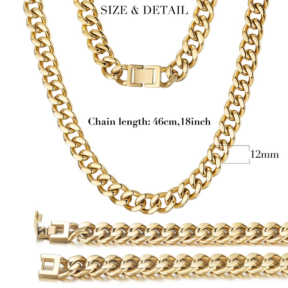 A 12mm Gold Hip Hop Cuban Chain Necklace made of 316L surgical stainless steel with 14K gold PVD plating, showcasing its shiny and durable design.