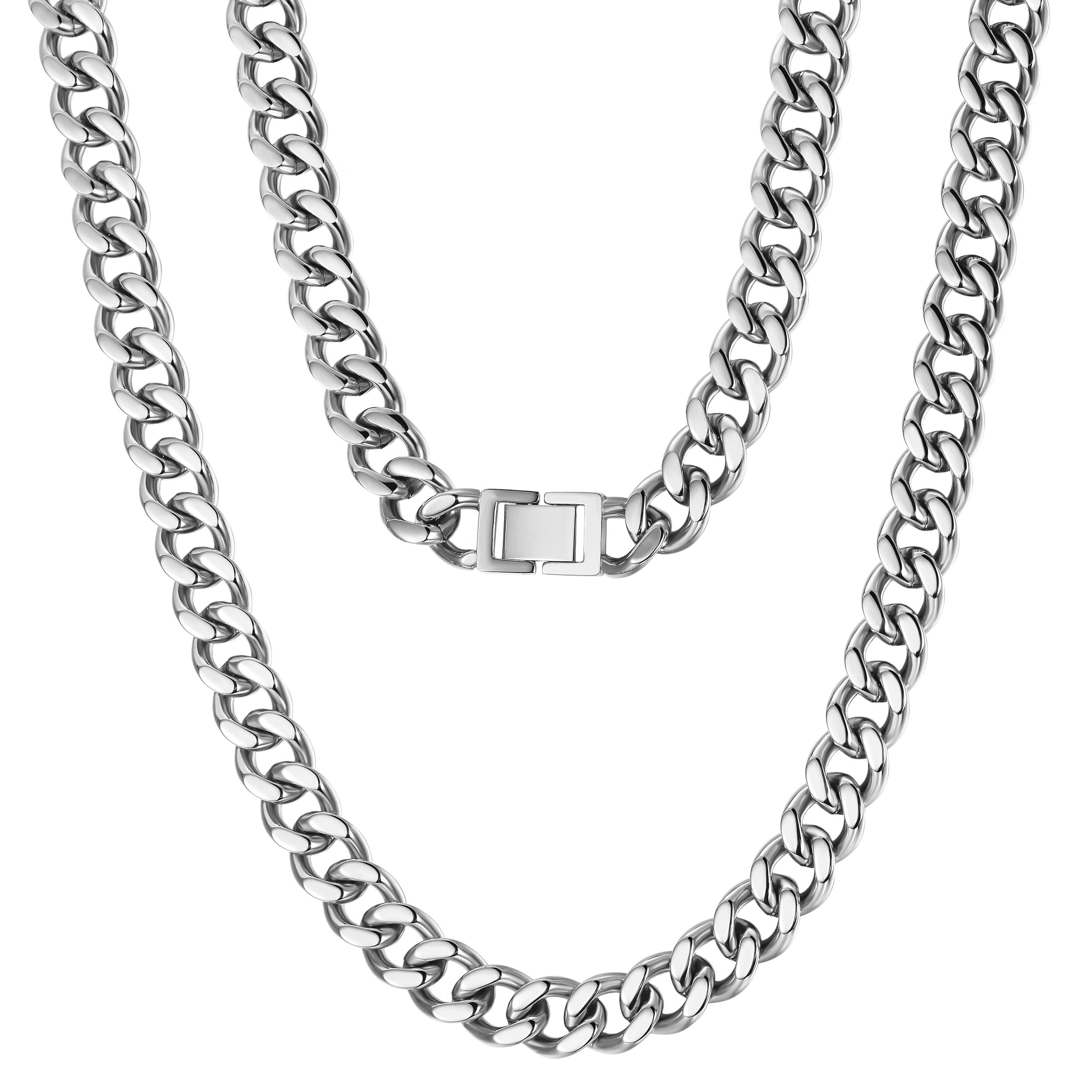 A 12mm Silver Hip Hop Cuban Chain Necklace made of 316L surgical stainless steel with a shiny finish, showcasing its bold and stylish design.