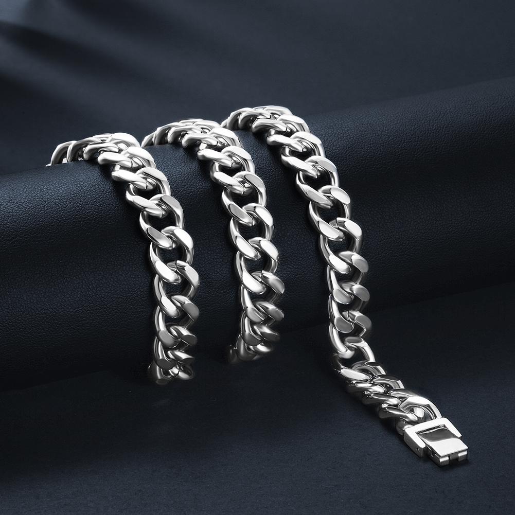 A 12mm Silver Hip Hop Cuban Chain Necklace made of 316L surgical stainless steel with a shiny finish, showcasing its bold and stylish design.