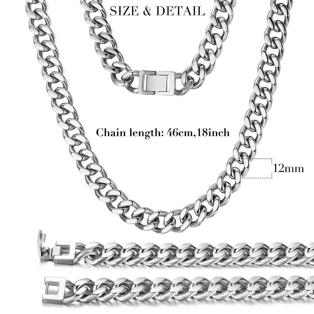 A 12mm Silver Hip Hop Cuban Chain Necklace made of 316L surgical stainless steel with a shiny finish, showcasing its bold and stylish design.