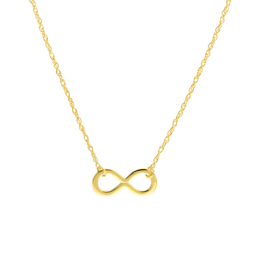 14K Gold Infinity Necklace featuring a sparkling Singapore chain and an elegant infinity symbol.