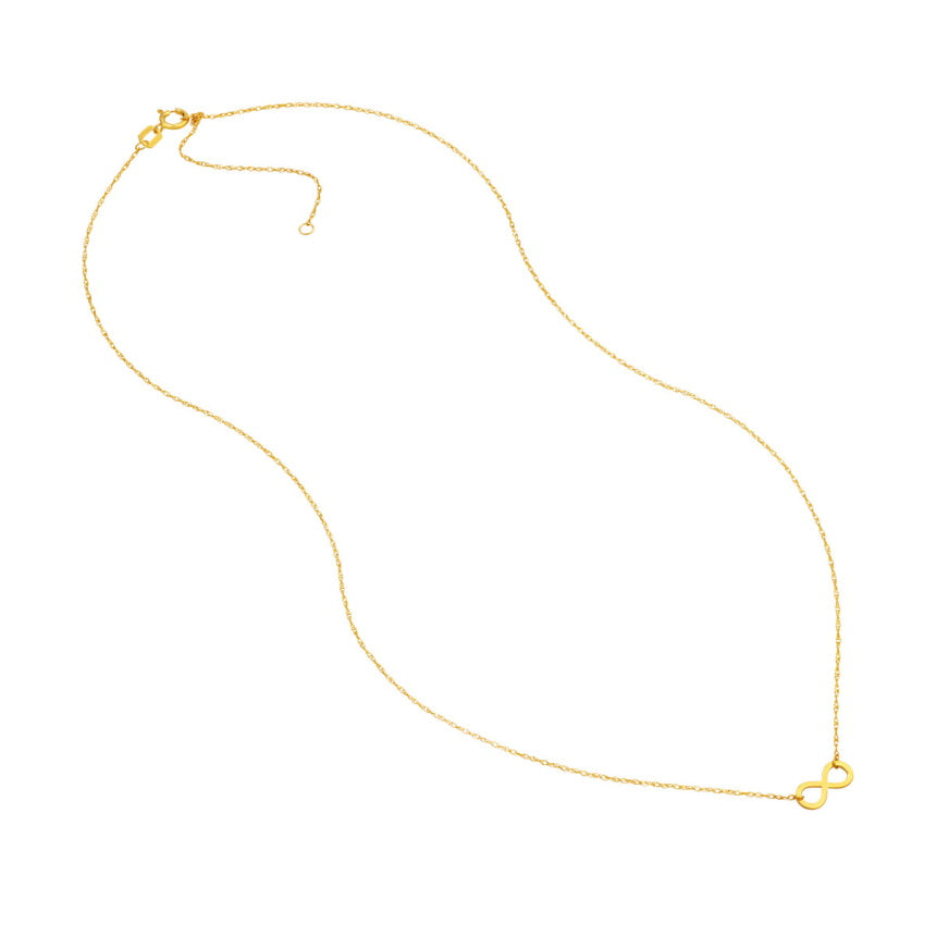 14K Gold Infinity Necklace featuring a sparkling Singapore chain and an elegant infinity symbol.