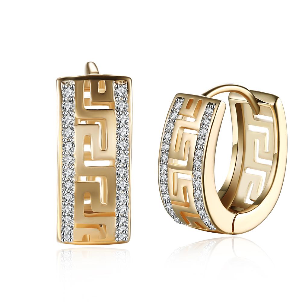 Elegant 14K Gold Plated Roman Ingrain Pave Huggie Earrings with white elements, showcasing a stylish design.