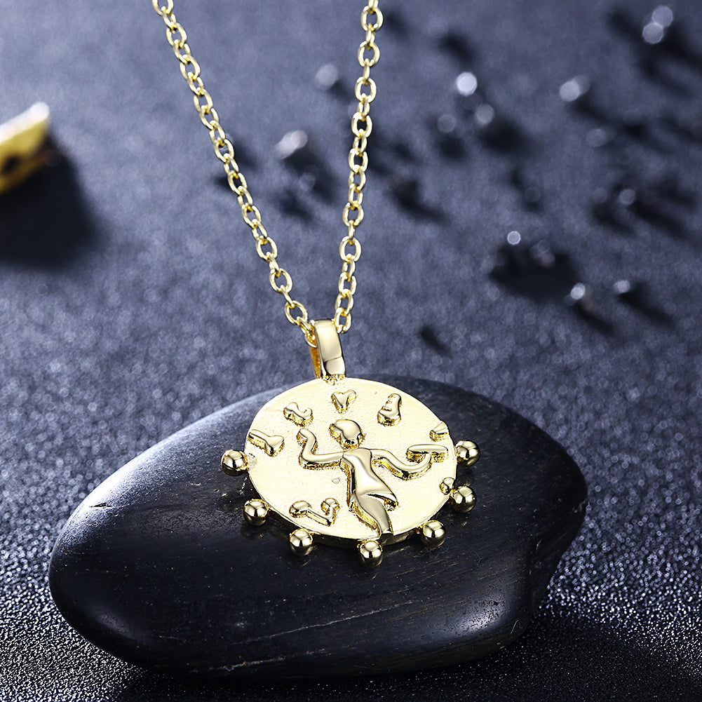 14K Gold Plated Medallion Aztec Pendant Necklace featuring a unique Aztec design on a brass base with a link chain.