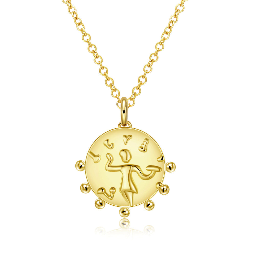 14K Gold Plated Medallion Aztec Pendant Necklace featuring a unique Aztec design on a brass base with a link chain.