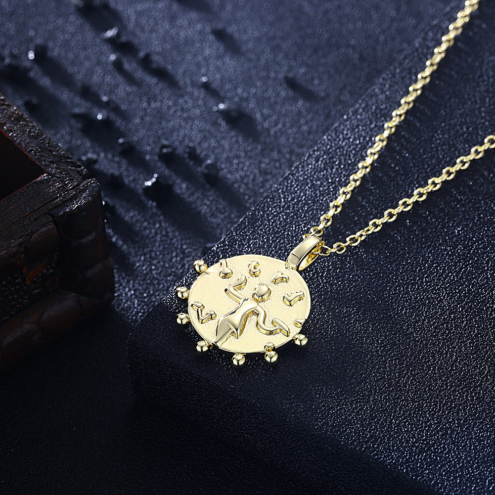 14K Gold Plated Medallion Aztec Pendant Necklace featuring a unique Aztec design on a brass base with a link chain.