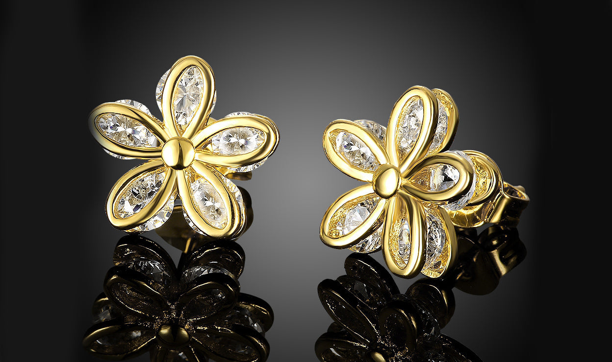 Elegant 14K Gold Plated White Elements Pav'e Paisley Stud Earrings with intricate design and sparkling stones.