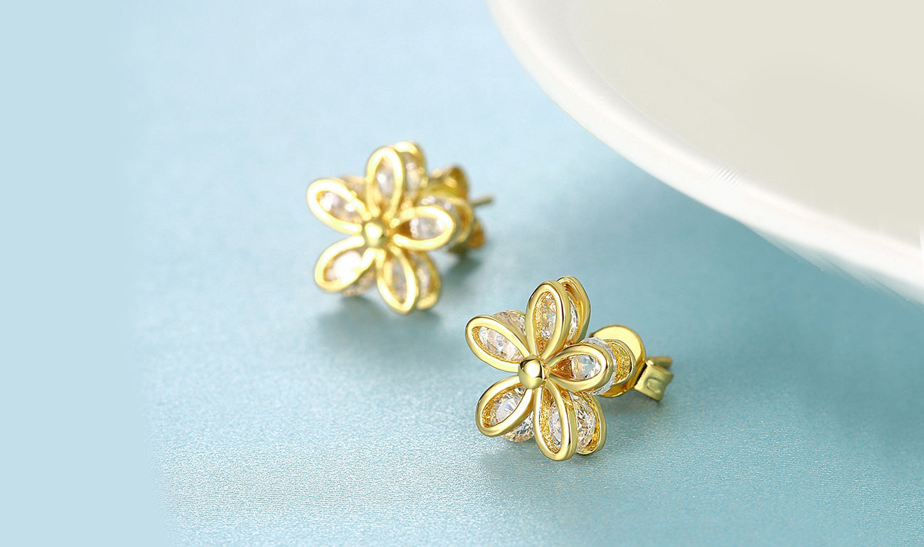 Elegant 14K Gold Plated White Elements Pav'e Paisley Stud Earrings with intricate design and sparkling stones.