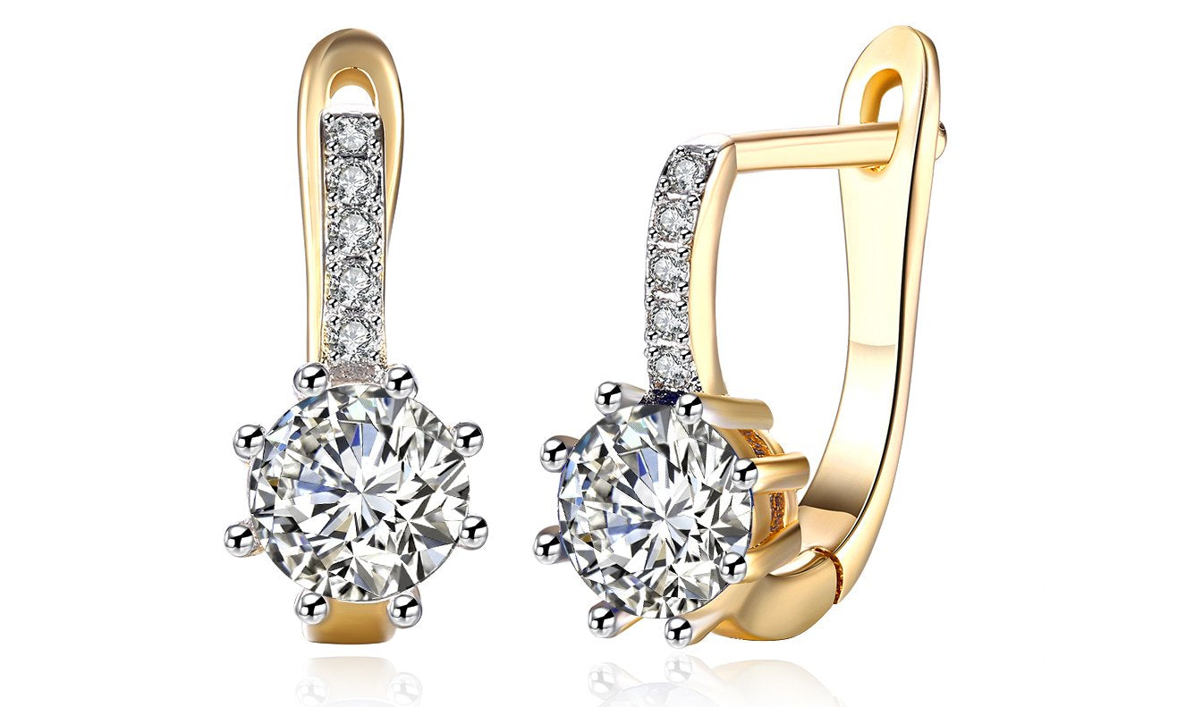 Elegant 14K Gold Plating Starburst Leverback Earrings featuring Austrian elements in white and blue options.