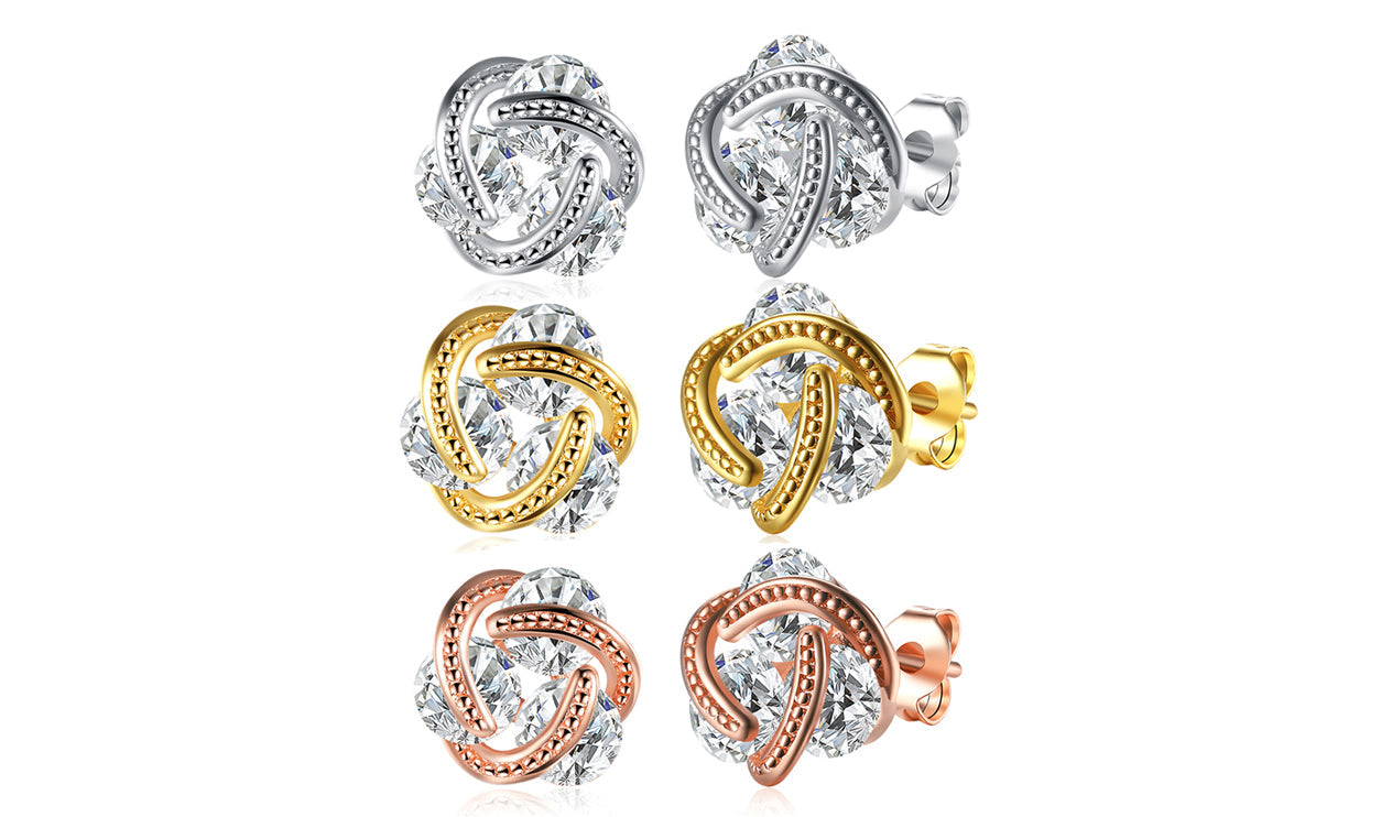 Elegant 14K Gold Plating Twisted 3-Stone Stud Earrings in gold, showcasing their intricate design and sparkling stones.