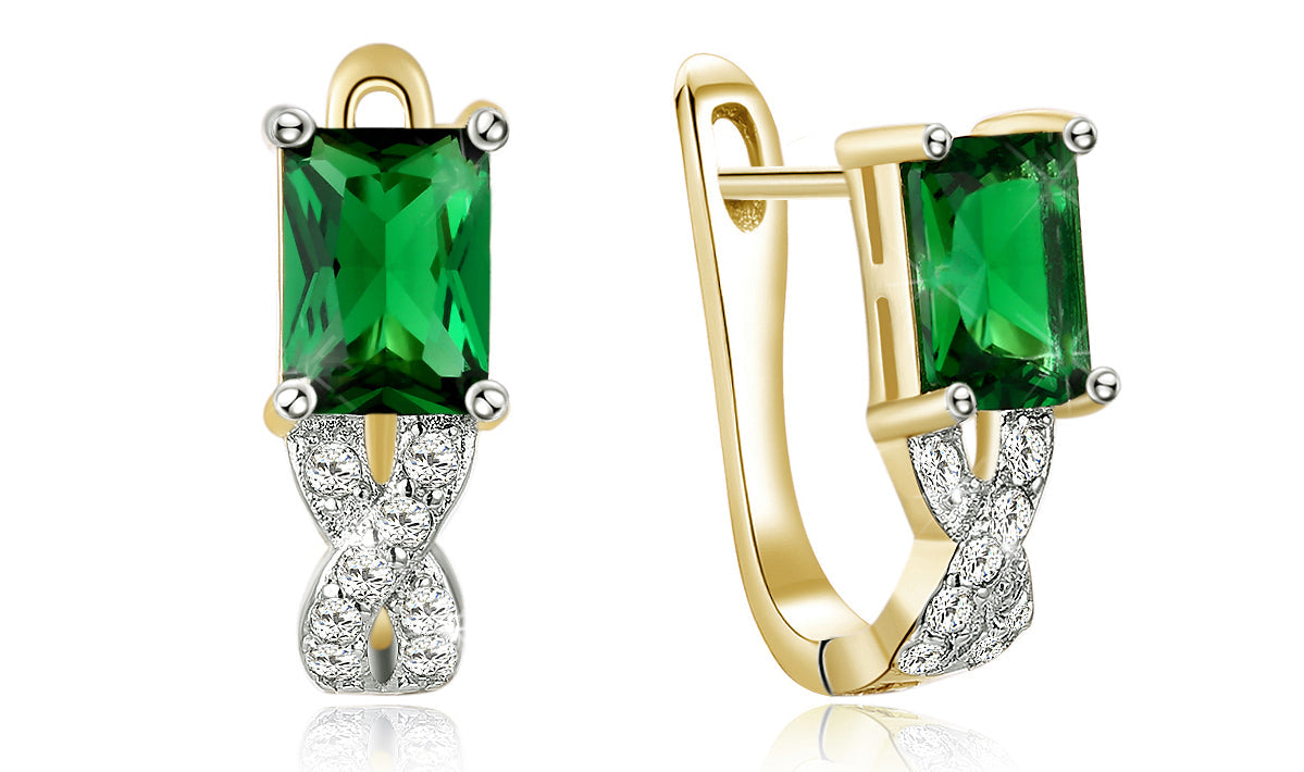 Elegant 14K gold plated earrings featuring emerald cut green stones in a twisted pavé design, perfect for any occasion.