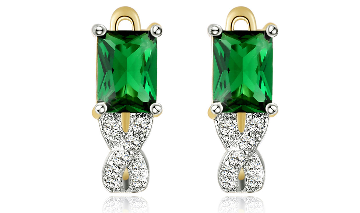 Elegant 14K gold plated earrings featuring emerald cut green stones in a twisted pavé design, perfect for any occasion.