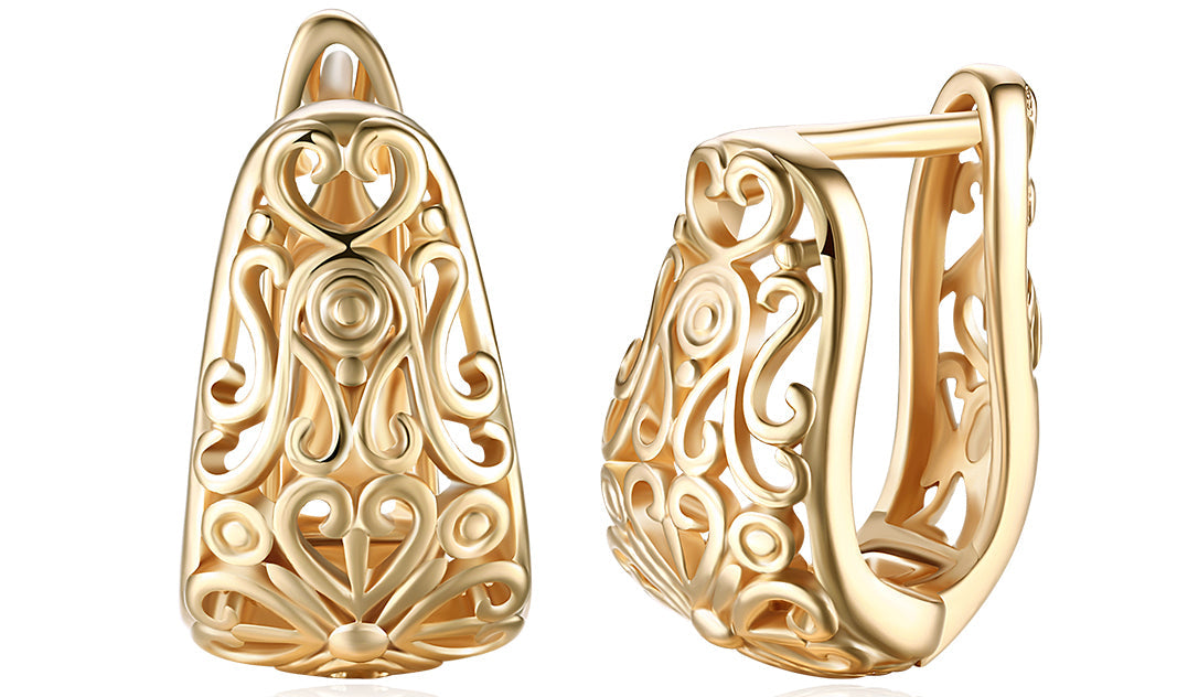 Elegant 14K gold plated filigree laser cut clip-on earrings, showcasing intricate design and craftsmanship.