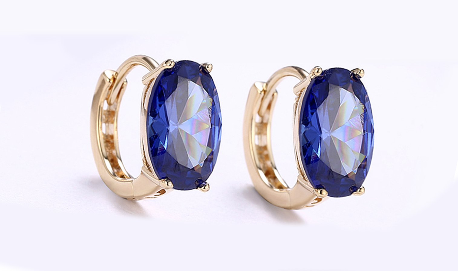 Elegant 14K Gold Plating Large Diamond Cut Clip On Earrings in purple and blue options, showcasing their stunning design and craftsmanship.