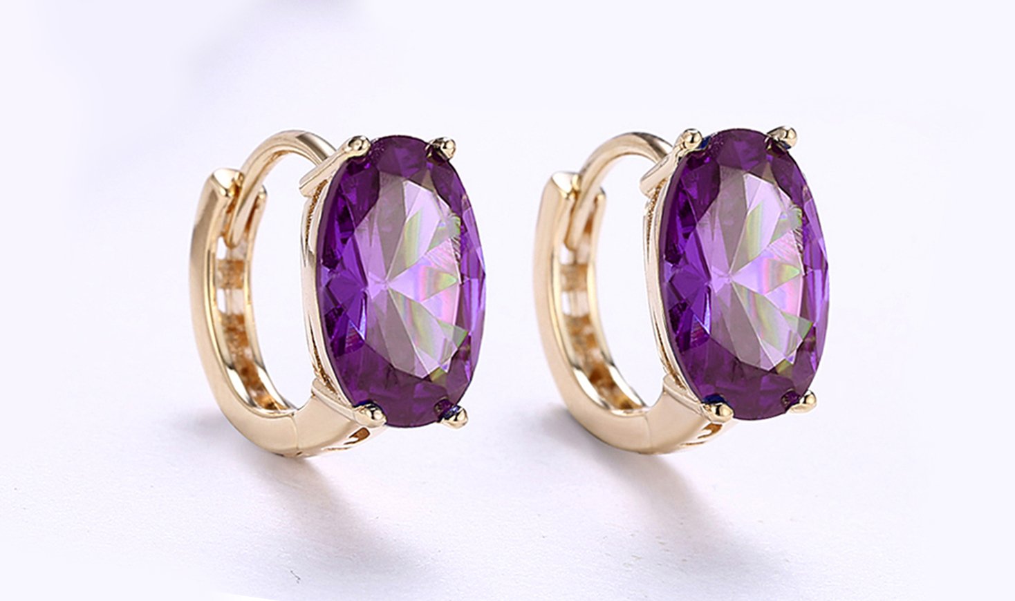 Elegant 14K Gold Plating Large Diamond Cut Clip On Earrings in purple and blue options, showcasing their stunning design and craftsmanship.