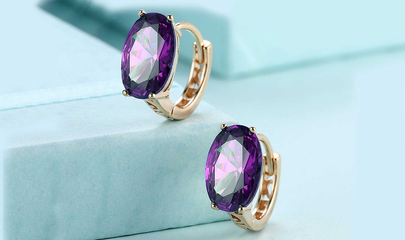 Elegant 14K Gold Plating Large Diamond Cut Clip On Earrings in purple and blue options, showcasing their stunning design and craftsmanship.