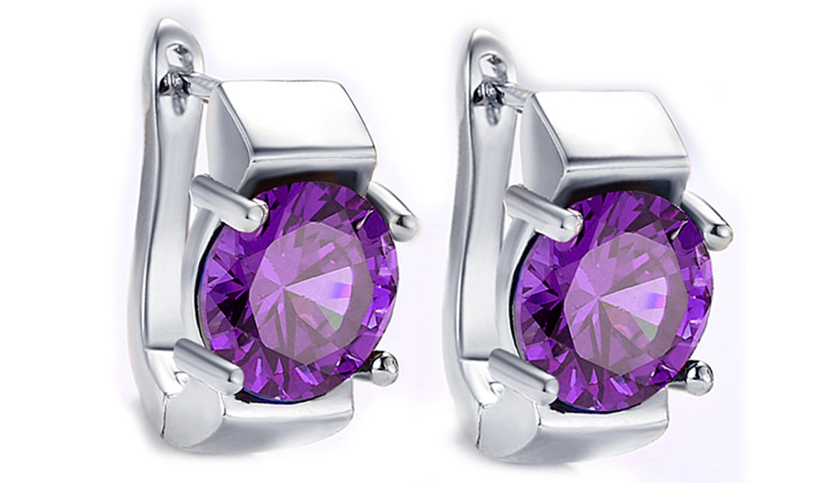 14K Gold Plating Large Princess Cut Gemstone Abstract Huggies featuring Amethyst and Ruby options, showcasing their elegant design and craftsmanship.