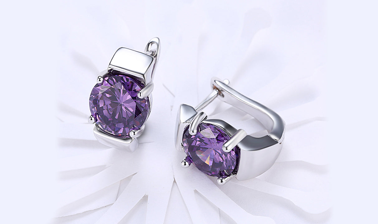 14K Gold Plating Large Princess Cut Gemstone Abstract Huggies featuring Amethyst and Ruby options, showcasing their elegant design and craftsmanship.