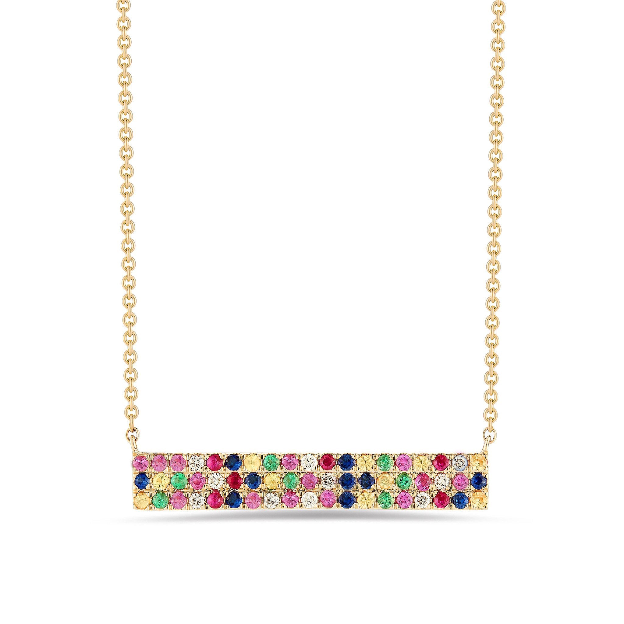 14K Gold Plating Rainbow Crystal Pav'e Bar Pendant Necklace featuring a vibrant multi-color crystal design on a gold-plated brass chain.