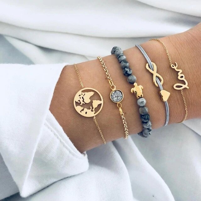 14K Gold Plating Save Our Ocean Bracelet Set featuring Love & Peace pendants on a link chain, showcasing elegance and environmental awareness.