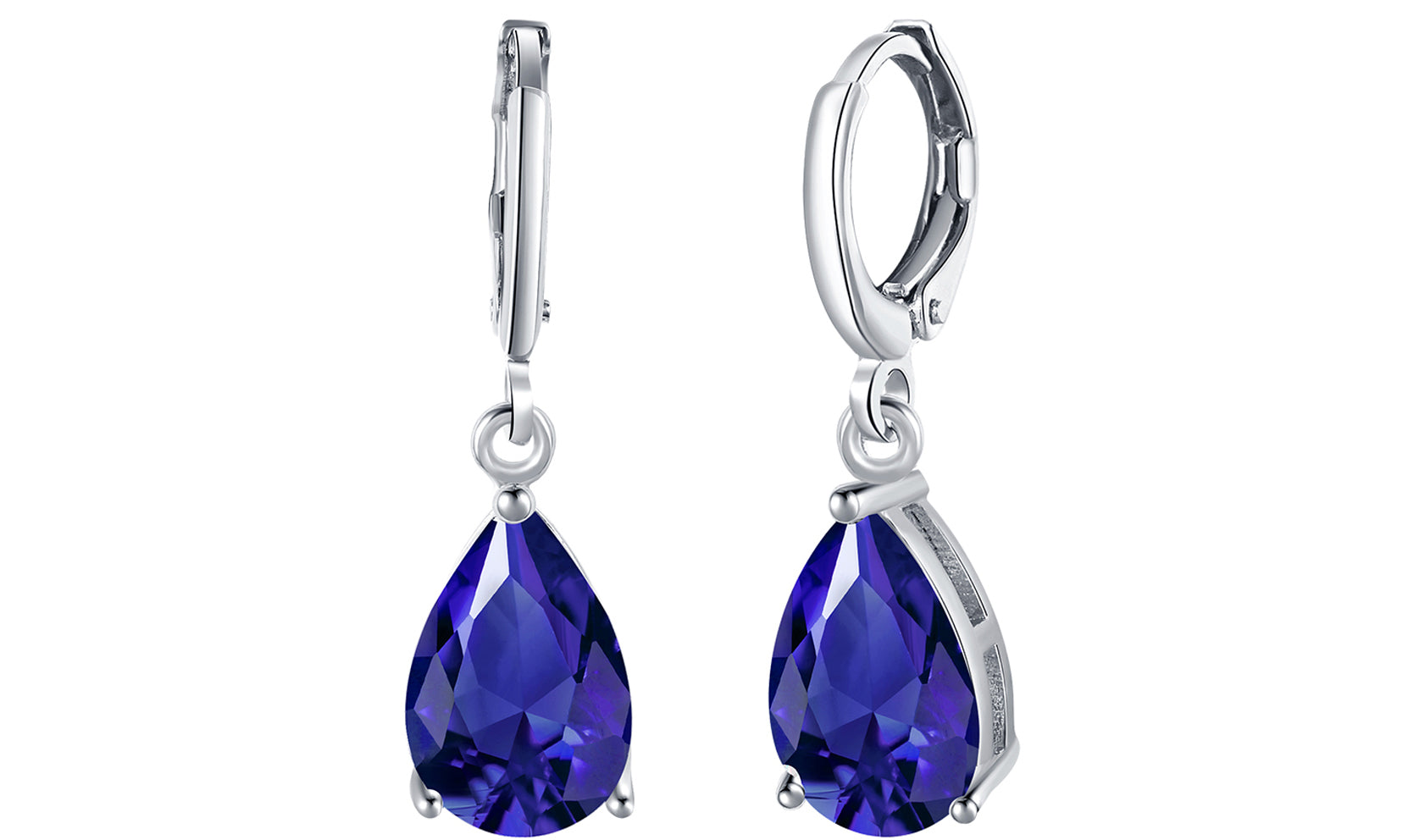 Elegant 14K Gold Plating Sleek Gemstone Pear Cut Drop Earrings in Sapphire, Amethyst, and White Sapphire options, showcasing their luxurious design.