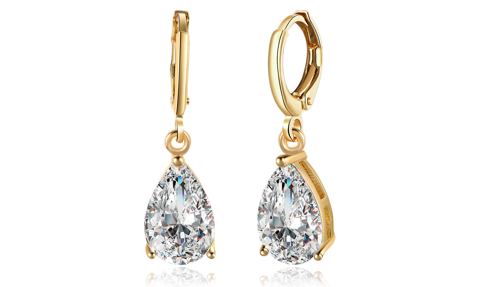 Elegant 14K Gold Plating Sleek Gemstone Pear Cut Drop Earrings in Sapphire, Amethyst, and White Sapphire options, showcasing their luxurious design.