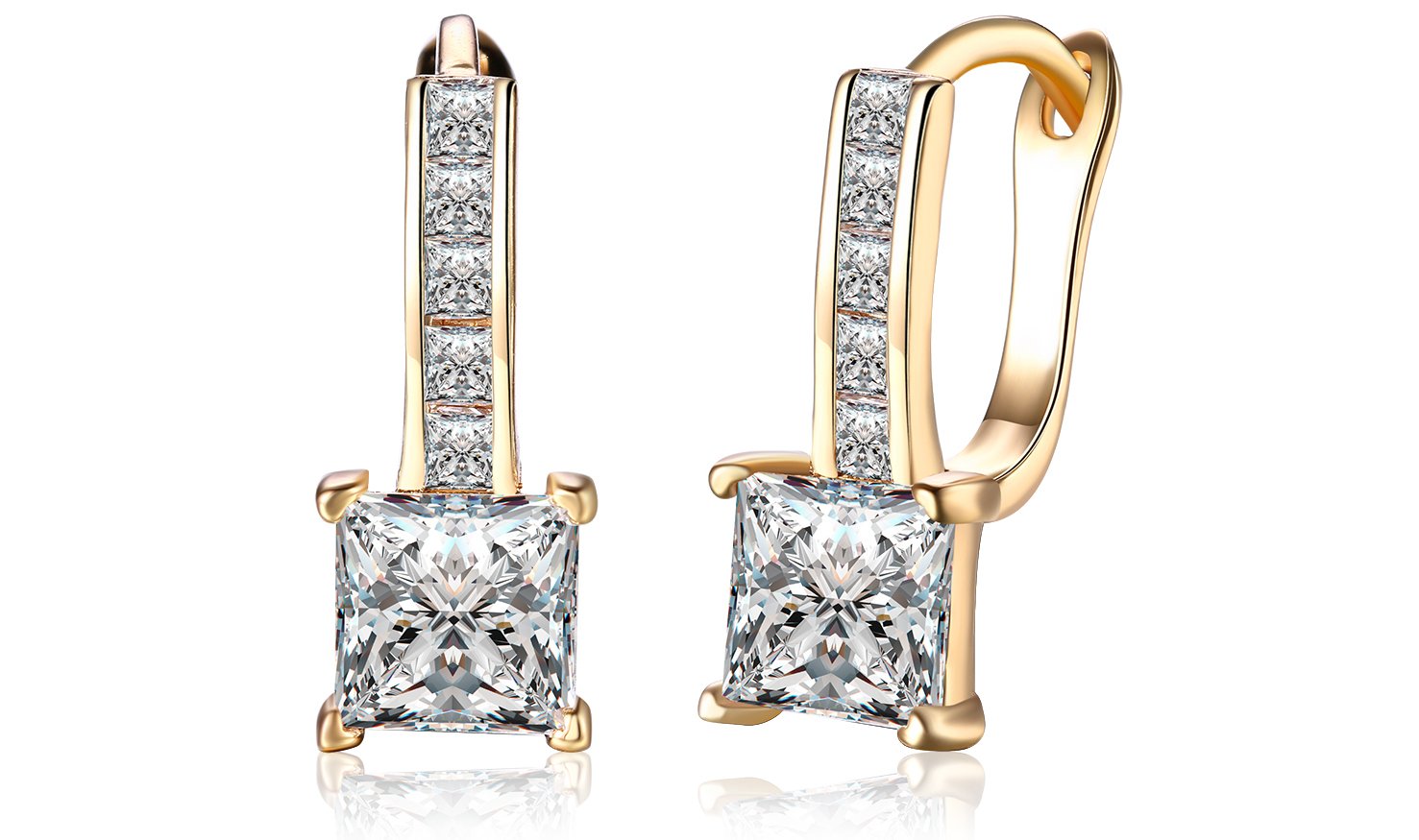 Elegant 14K gold plated lever back earrings featuring white Austrian elements, showcasing a sleek and classic design.