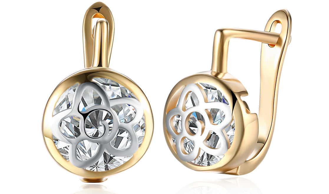 Elegant 14K gold plated circular clip-on earrings featuring a daisy design with white sapphire stones.