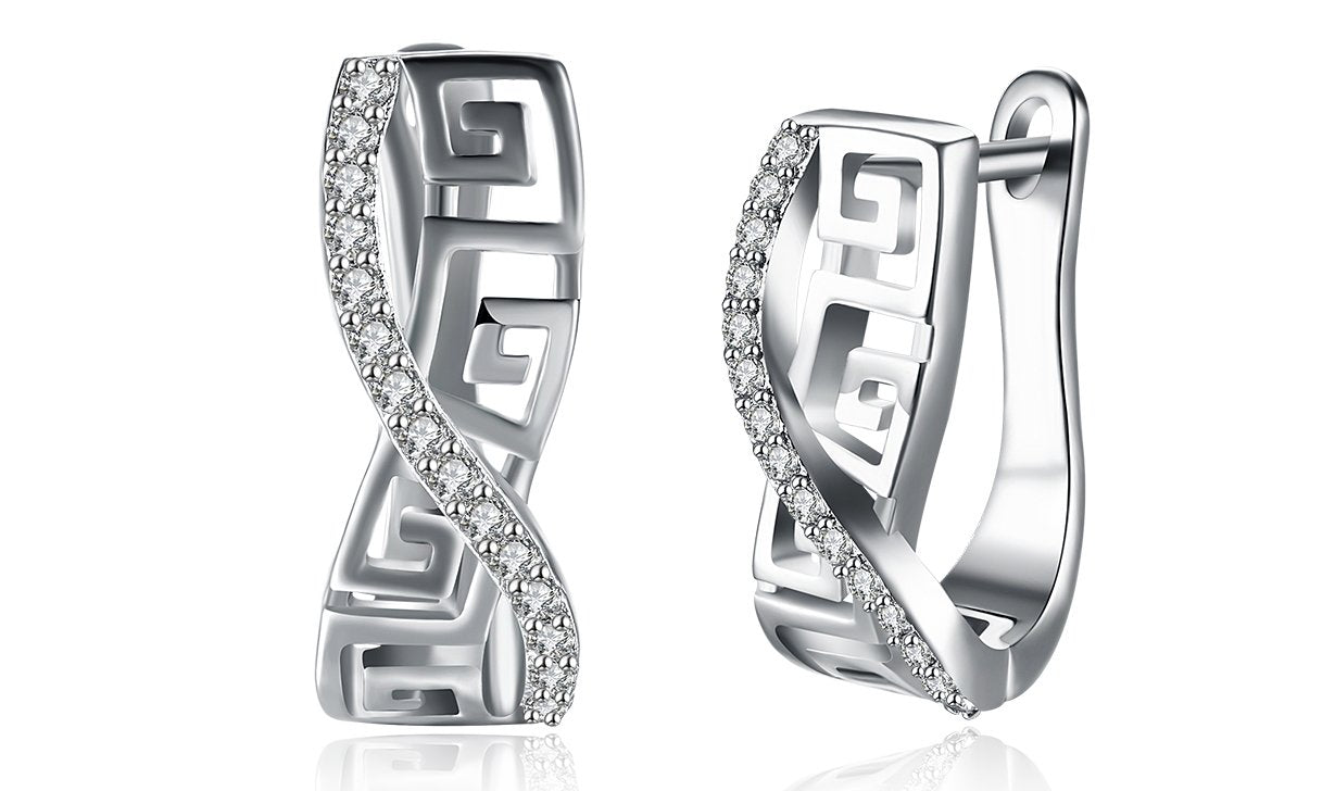 Elegant 14K white gold plated earrings featuring a Greek key design with sparkling Austrian elements.