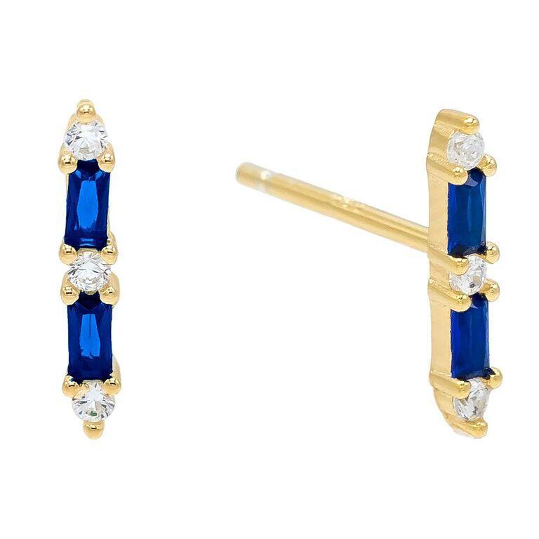 Elegant 14K white gold plated linear earrings featuring blue cubic zirconia stones, perfect for any occasion.