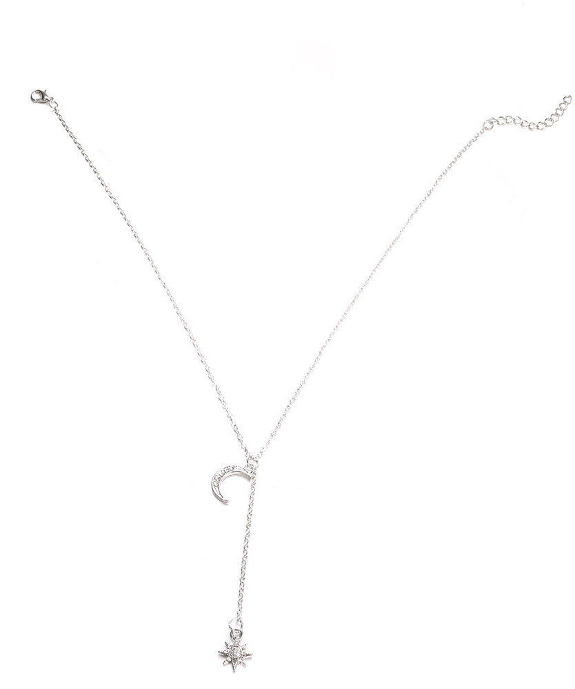 14K White Gold Plating Crystal Pav'e Crescent & Star Lariat Necklace featuring elegant crescent and star pendants with sparkling crystals.