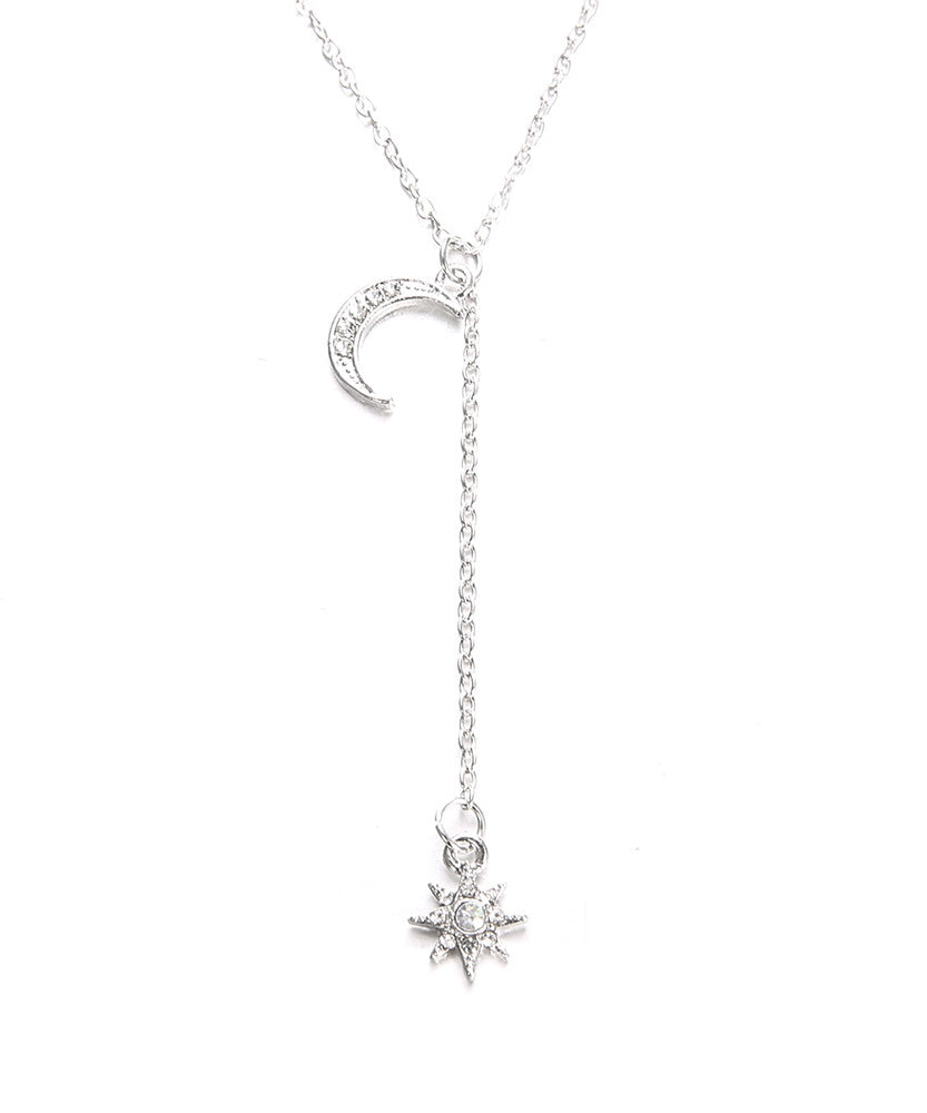 14K White Gold Plating Crystal Pav'e Crescent & Star Lariat Necklace featuring elegant crescent and star pendants with sparkling crystals.