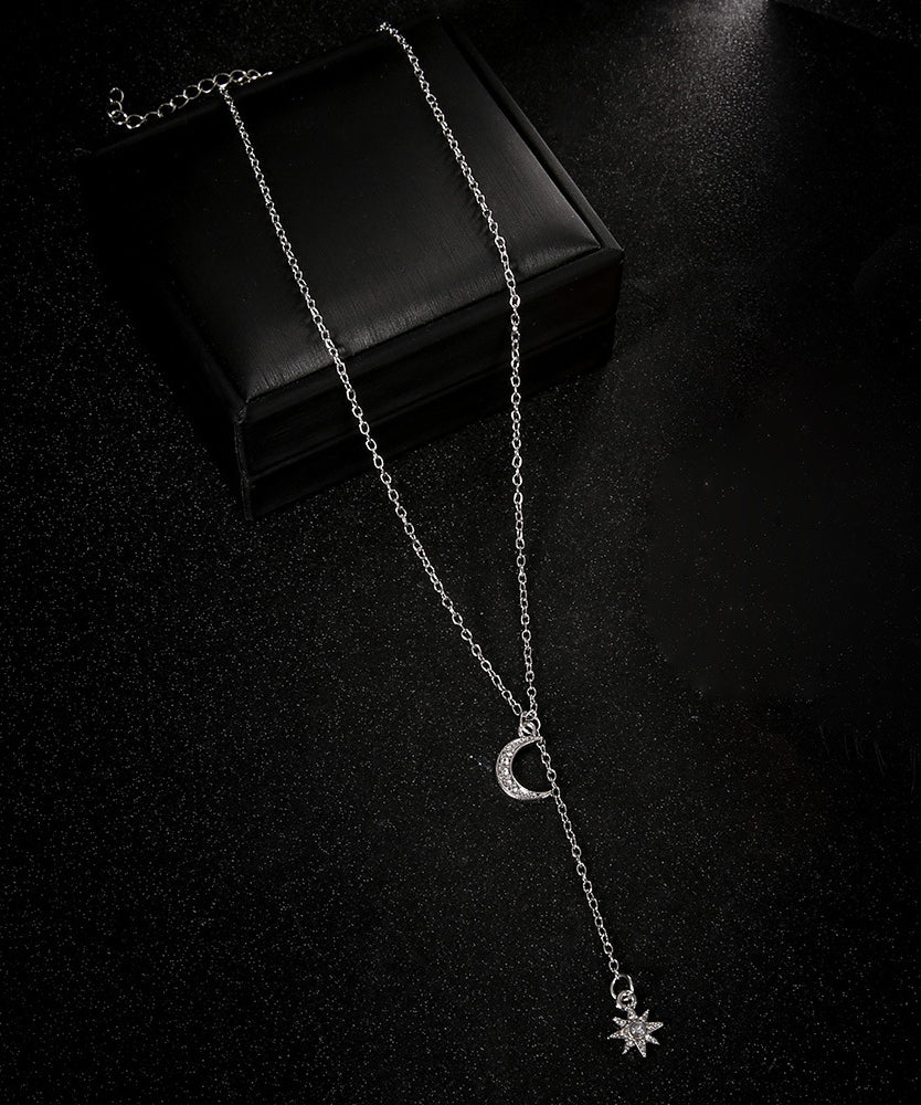 14K White Gold Plating Crystal Pav'e Crescent & Star Lariat Necklace featuring elegant crescent and star pendants with sparkling crystals.